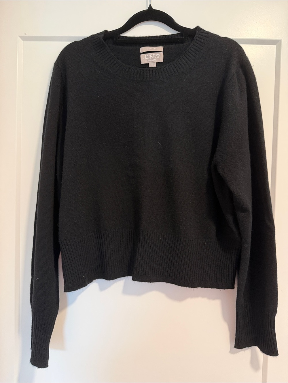 J. Crew Cropped Cashmere Black Crewneck Sweater - Classic Ribbed Trim